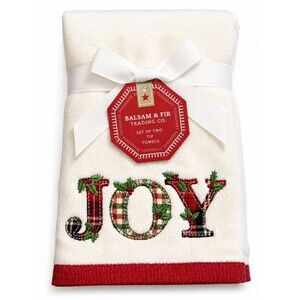 Christmas Joy Fingertip Towels Appliqued Embroidered White Holiday Set of 2